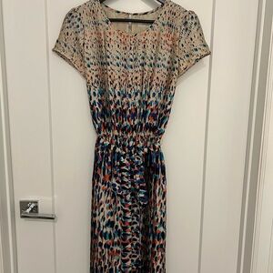 LK Bennett Multicolor Splash Print Satin Dress – Pleated Skirt, Elegant & Chic